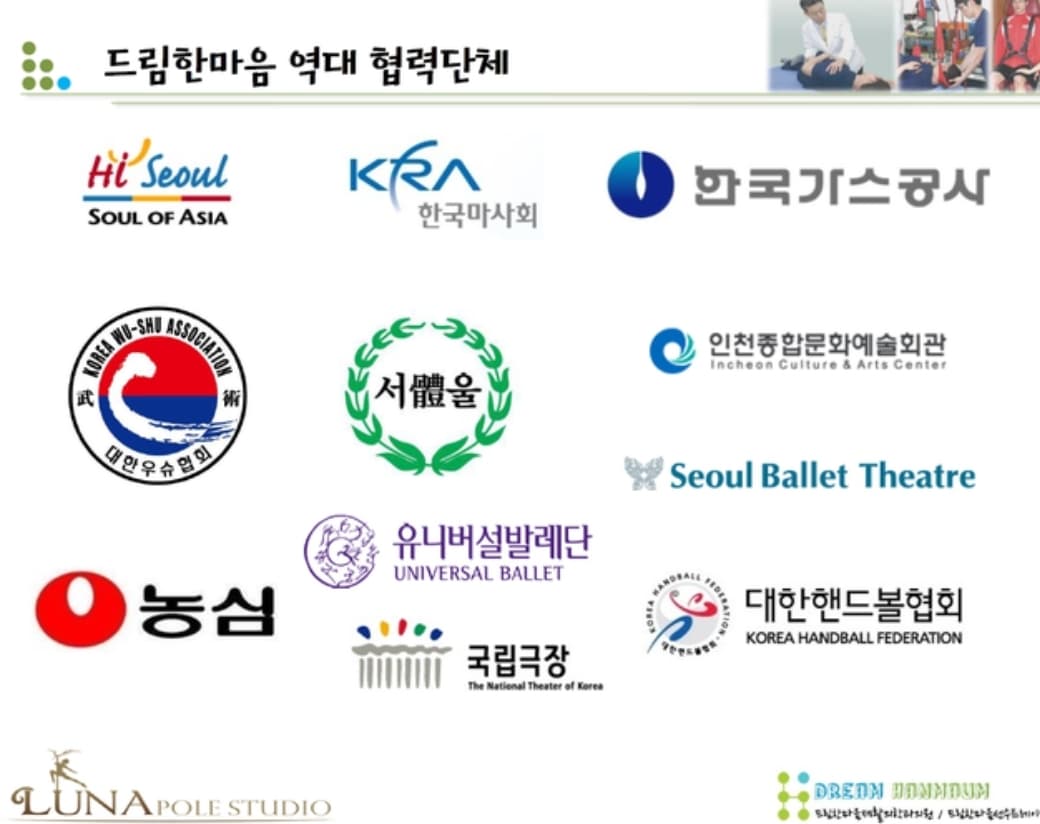 드림한마음 역대 협력단체: 서울시, 한국마사회, 한국가스공사, 대한우슈협회, 인천종합문화예술회관, 서울발레시어터, 농심, 유니버설발레단, 대한핸드볼협회, 국립극장, 루나폴스튜디오 등